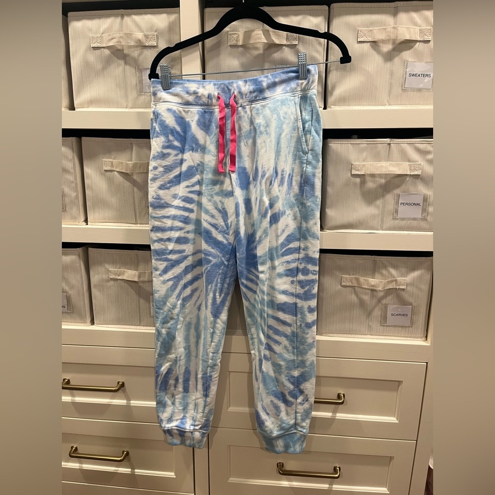 J. Crew women’s sweat pants XS EUC blue tie dye with pink drawstring